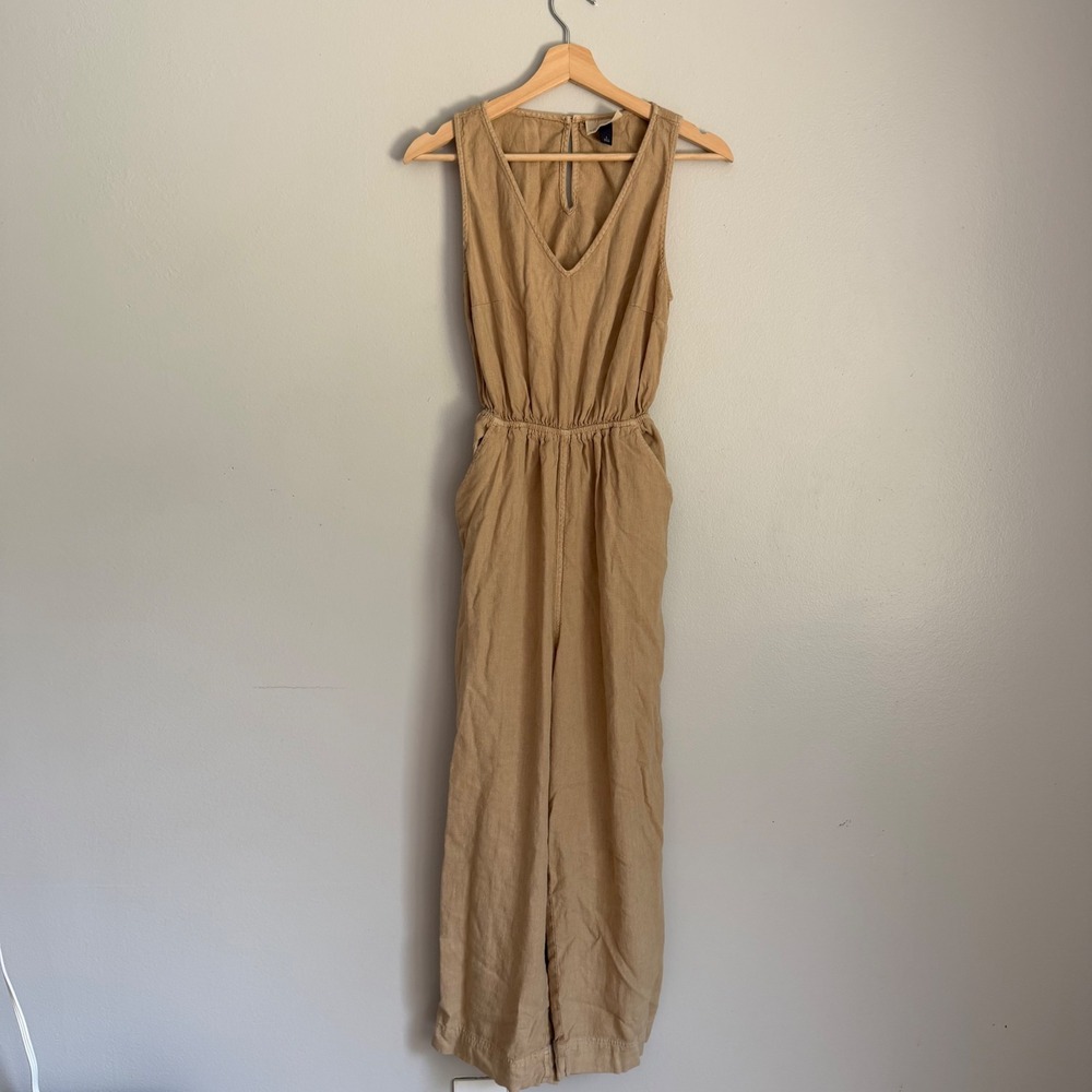 Tan Linen Blend Cutout Back Wide Leg Jumpsuit Small Open Back Boho Indie